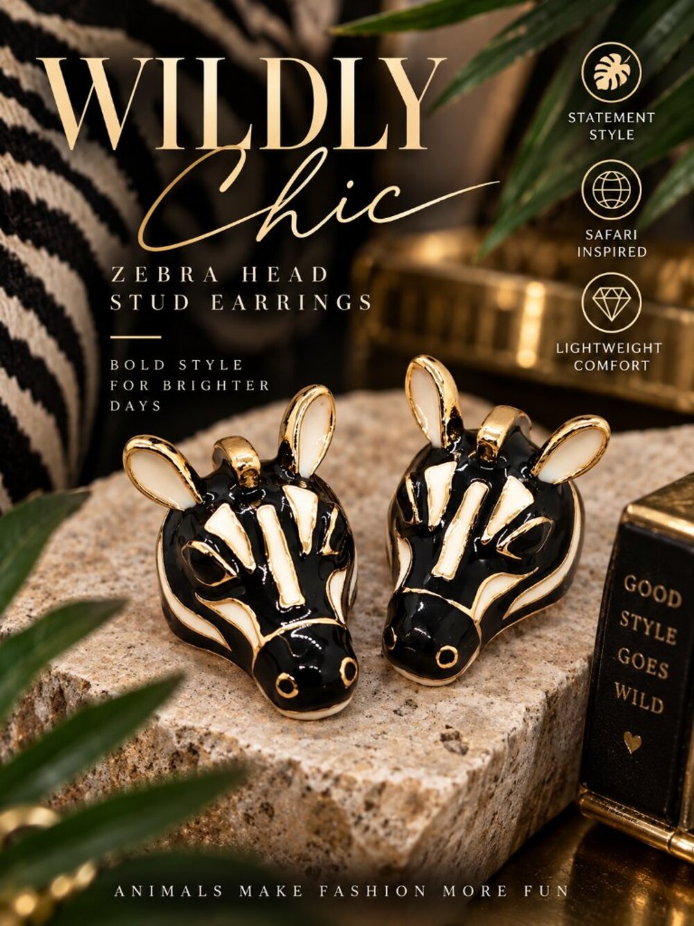 Zebra Head Earrings Gold Black White Enamel Safari Wild Animal Statement Studs